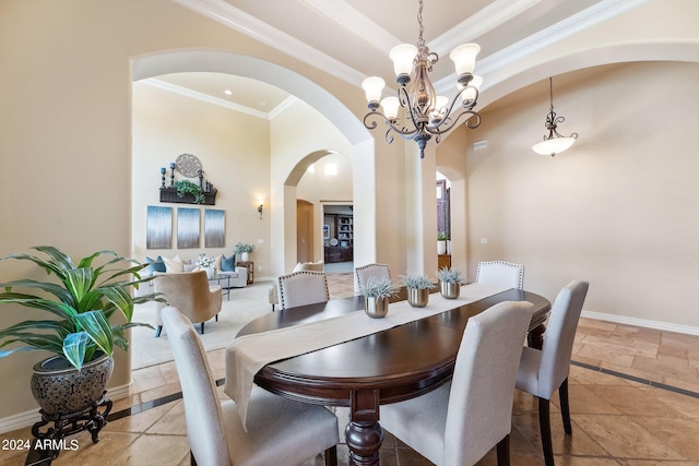 dining space featuring an inviting chandelier and crown molding