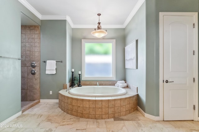 bathroom with crown molding and independent shower and bath