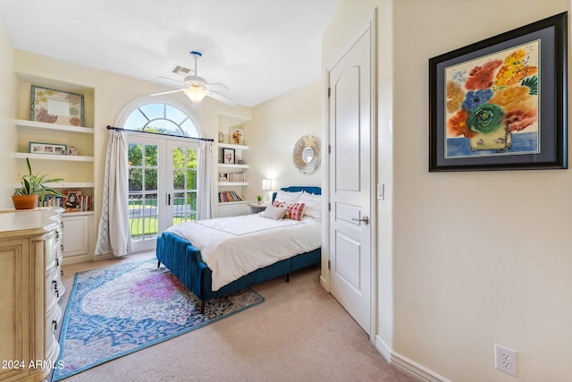 carpeted bedroom featuring access to exterior, french doors, and ceiling fan