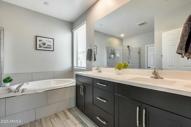 bathroom with independent shower and bath and vanity