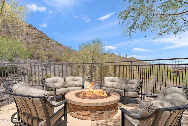 36600 N Cave Creek Rd Unit 9B, Cave Creek, AZ 85331 - view of patio / terrace with an outdoor living space with a fire pit and a mountain view