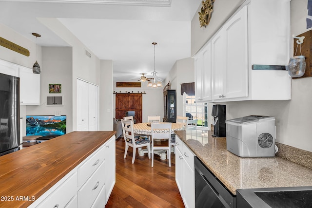 kitchen with visible vents, white cabinets, dishwashing machine, butcher block countertops, and dark wood-type flooring