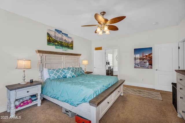 bedroom with a ceiling fan, baseboards, and carpet