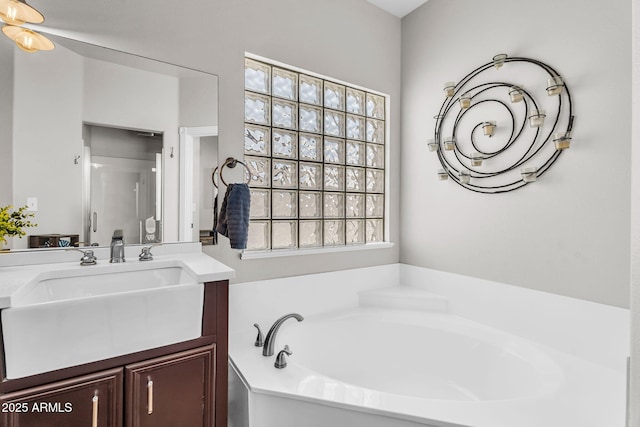 bathroom with a garden tub and vanity