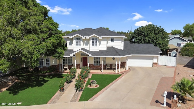 traditional home featuring a garage, fence, driveway, and a front yard