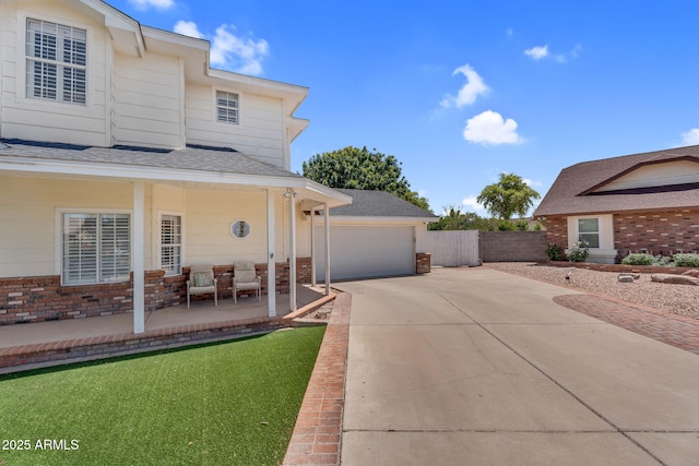 view of property exterior with brick siding, a garage, and fence