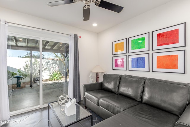 living room with recessed lighting, ceiling fan, and tile patterned floors