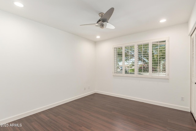 unfurnished room featuring dark wood-type flooring, recessed lighting, a ceiling fan, and baseboards