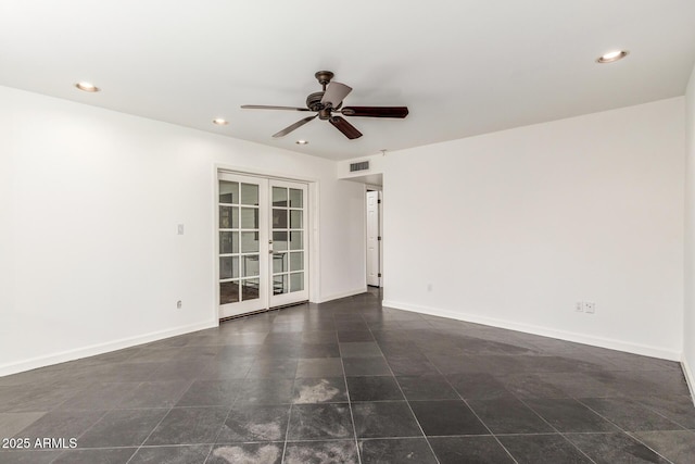 unfurnished room featuring recessed lighting, visible vents, baseboards, and french doors