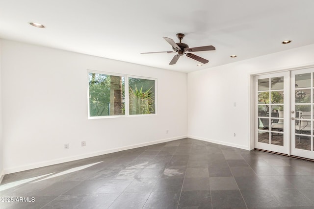 unfurnished room with recessed lighting, french doors, ceiling fan, and baseboards