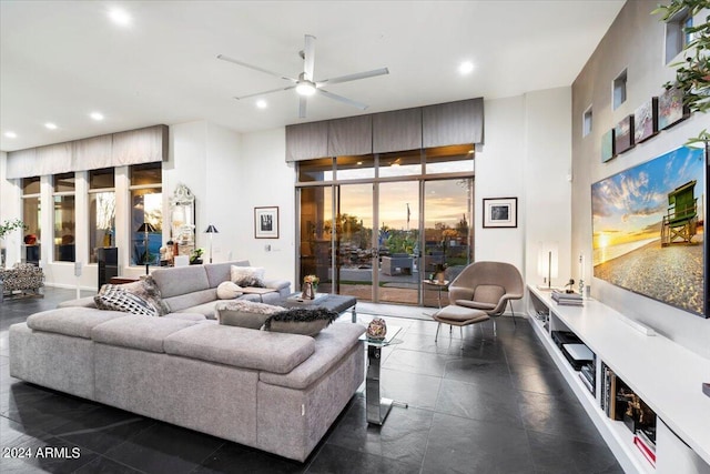 living room featuring ceiling fan