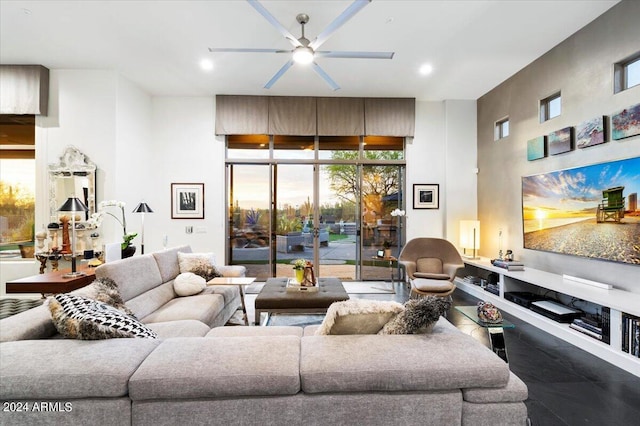 living room featuring ceiling fan