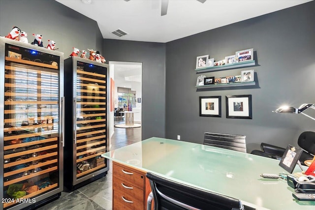 office space featuring wine cooler