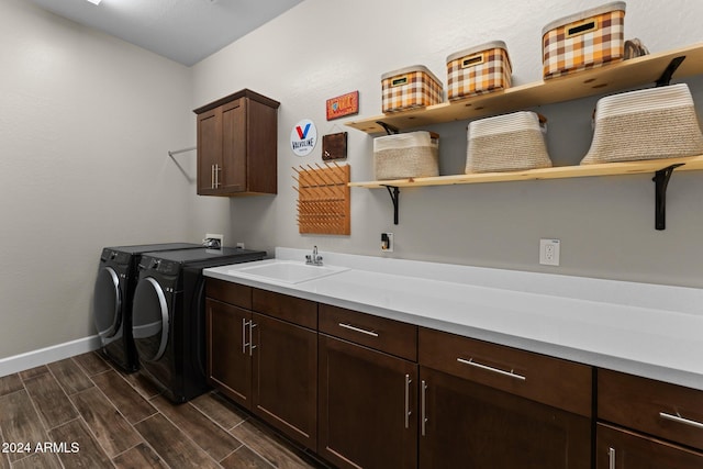 4240 Blacksmith Way, Wickenburg, AZ 85390 - washroom with cabinet space, washer and clothes dryer, baseboards, and dark wood finished floors