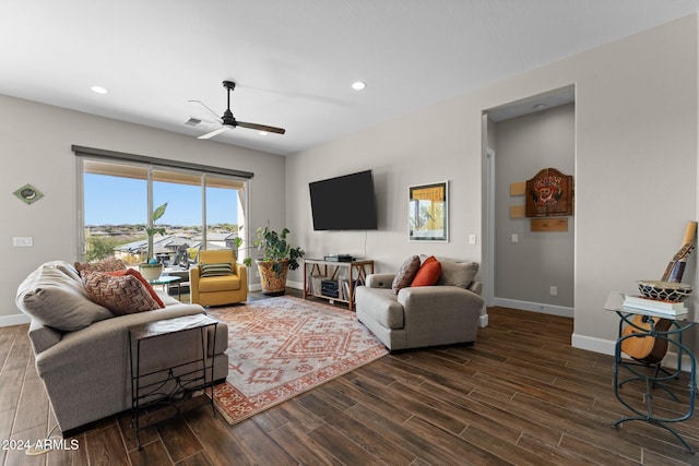 4240 Blacksmith Way, Wickenburg, AZ 85390 - living room featuring a ceiling fan, baseboards, dark wood-style flooring, and recessed lighting
