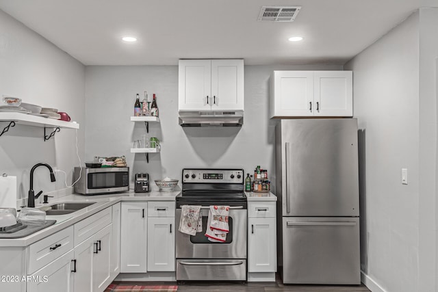 kitchen featuring extractor fan, stainless steel appliances, white cabinets, and sink