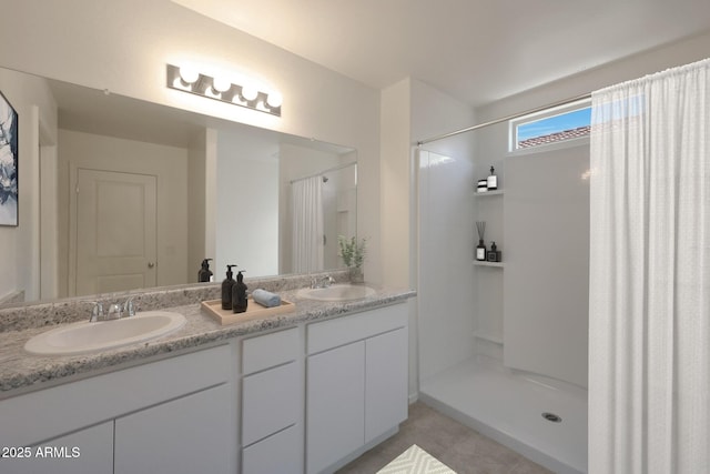 1431 W Tigua Way, Coolidge, AZ 85128 - full bathroom featuring double vanity, tile patterned floors, and curtained shower