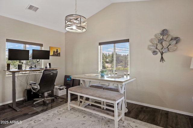 460 S Mountaine Pines Ave, Show Low, AZ 85901 - home office featuring wood finished floors, a chandelier, and high vaulted ceiling