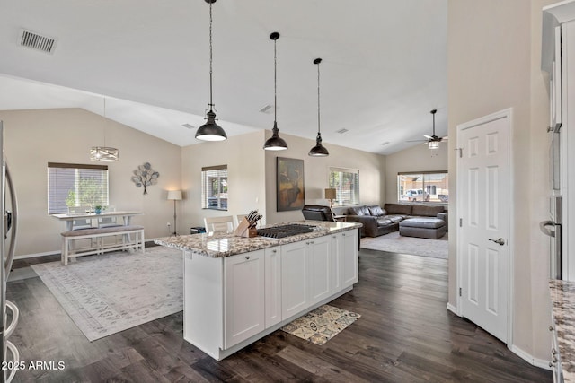 460 S Mountaine Pines Ave, Show Low, AZ 85901 - kitchen with lofted ceiling, dark wood finished floors, open floor plan, white cabinetry, and light stone countertops