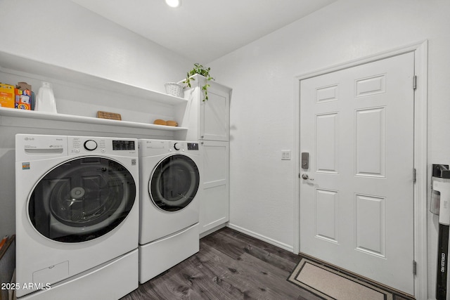 460 S Mountaine Pines Ave, Show Low, AZ 85901 - washroom featuring washing machine and dryer, cabinet space, and dark wood-type flooring