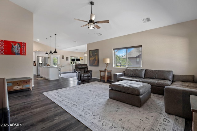 460 S Mountaine Pines Ave, Show Low, AZ 85901 - living area with healthy amount of natural light, ceiling fan, dark wood finished floors, and high vaulted ceiling
