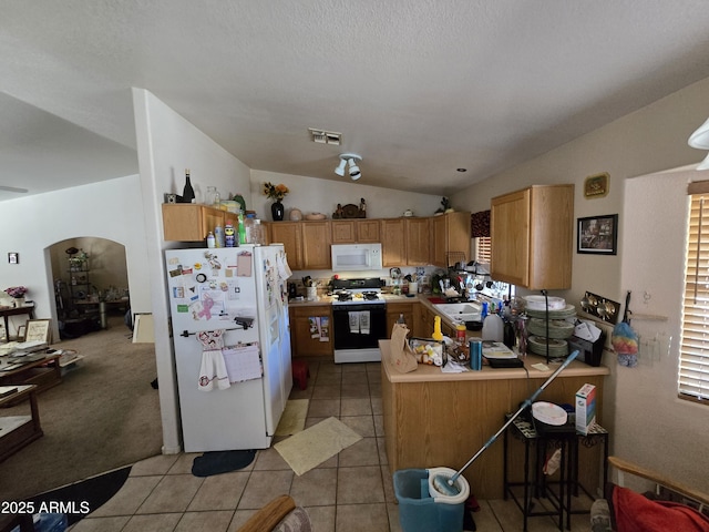 804 W Hess Ave, Coolidge, AZ 85128 - kitchen with white appliances, lofted ceiling, light countertops, arched walkways, and a peninsula