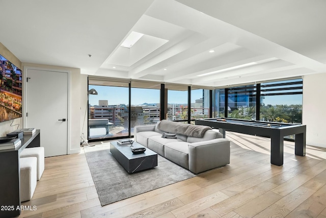 living room with a view of city, billiards, expansive windows, light wood-style floors, and a raised ceiling