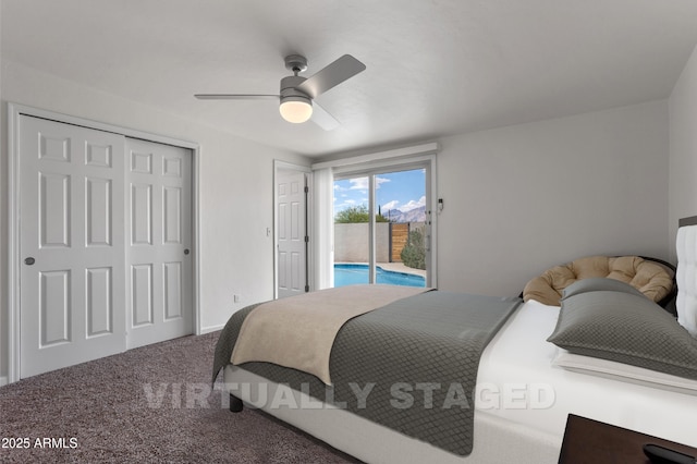 8425 E Hawthorne St, Tucson, AZ 85710 - bedroom featuring access to exterior, carpet flooring, and a ceiling fan
