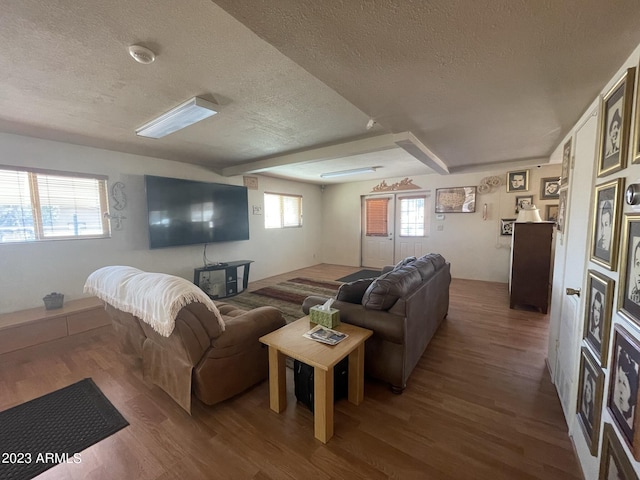 living room with hardwood / wood-style flooring, a healthy amount of sunlight, and a textured ceiling