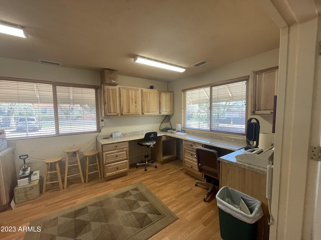 office featuring built in desk, light hardwood / wood-style flooring, and a healthy amount of sunlight