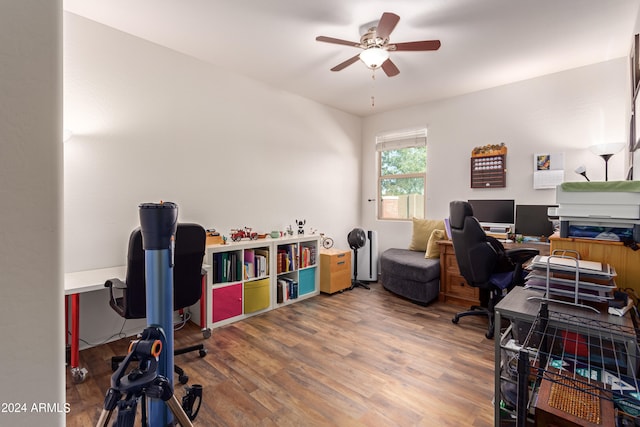 office area featuring ceiling fan and hardwood / wood-style floors