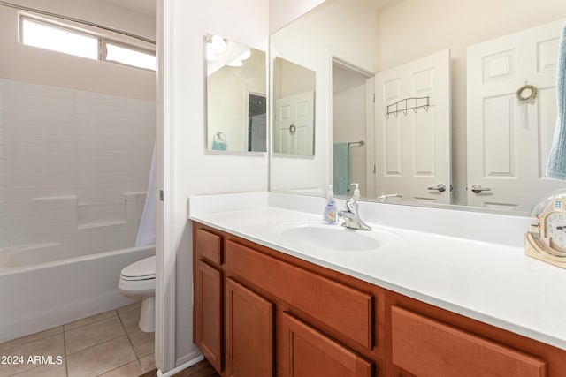 full bathroom featuring toilet, shower / tub combo with curtain, vanity, and tile patterned flooring