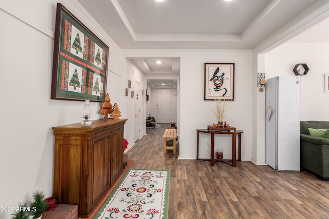 corridor with a tray ceiling and hardwood / wood-style flooring