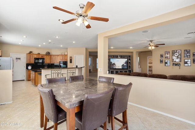 dining room featuring recessed lighting, visible vents, a ceiling fan, and light tile patterned flooring