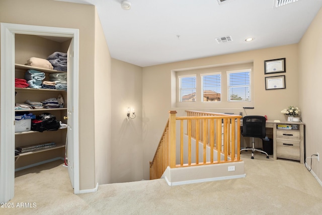 carpeted office with recessed lighting, visible vents, and baseboards