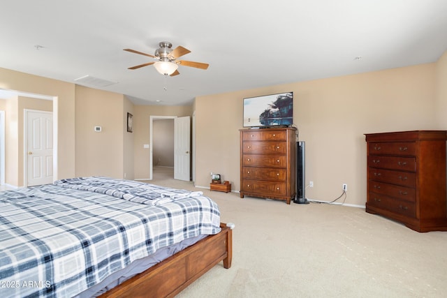 bedroom featuring carpet, visible vents, ceiling fan, and baseboards