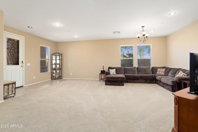 living area featuring recessed lighting, light colored carpet, a notable chandelier, and visible vents