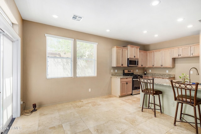 kitchen featuring light stone counters, sink, stainless steel appliances, a kitchen breakfast bar, and light brown cabinetry