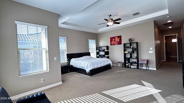 bedroom featuring carpet, ceiling fan, and a tray ceiling