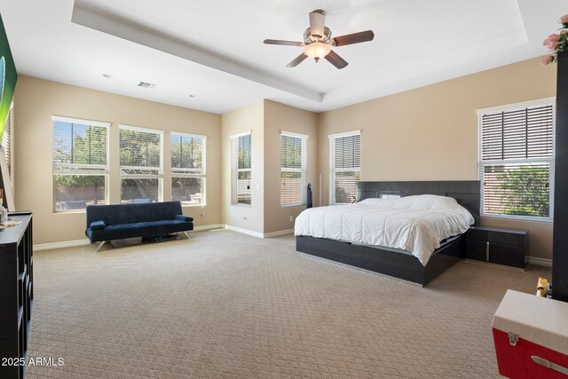 2285 E Mead Dr, Gilbert, AZ 85298 - carpeted bedroom with a tray ceiling, baseboards, and multiple windows