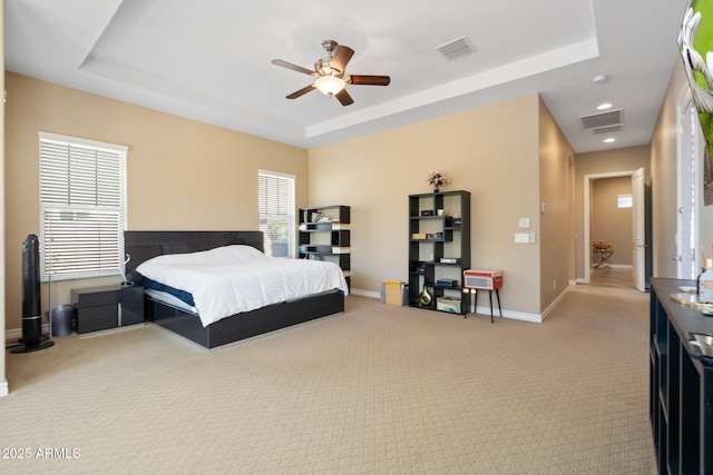 2285 E Mead Dr, Gilbert, AZ 85298 - bedroom featuring a tray ceiling, carpet, baseboards, ceiling fan, and recessed lighting