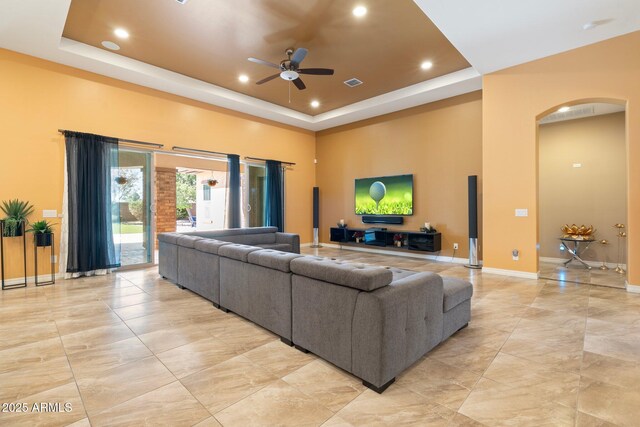 2285 E Mead Dr, Gilbert, AZ 85298 - living area with ceiling fan, recessed lighting, and a tray ceiling