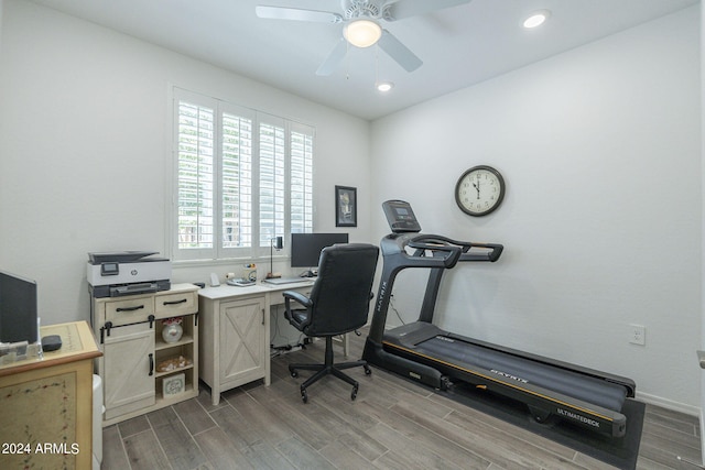 office space featuring light hardwood / wood-style flooring and ceiling fan