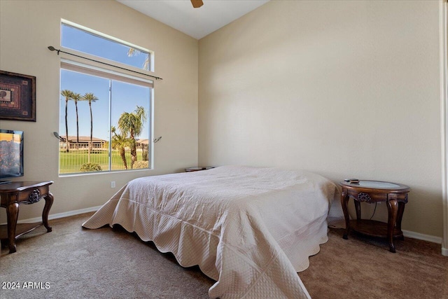 bedroom with ceiling fan, carpet, and multiple windows