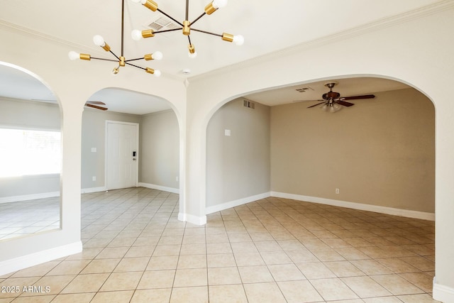 spare room with light tile patterned floors, ceiling fan with notable chandelier, and ornamental molding