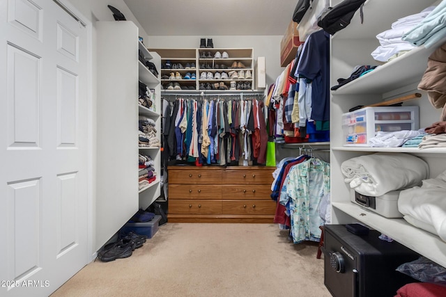 walk in closet with light carpet