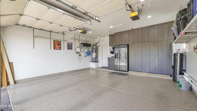 garage with a garage door opener, strapped water heater, and baseboards