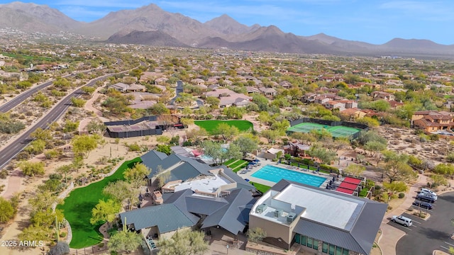 drone / aerial view with a residential view and a mountain view