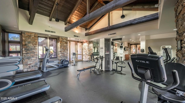 exercise room with wood ceiling, high vaulted ceiling, and visible vents