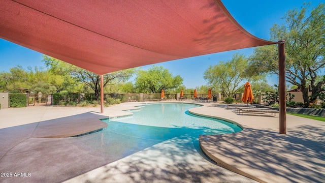 view of swimming pool featuring a fenced in pool, fence, and a patio